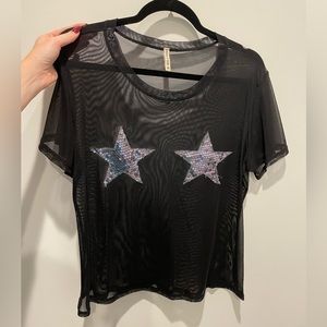 Black mesh sequin star tee
